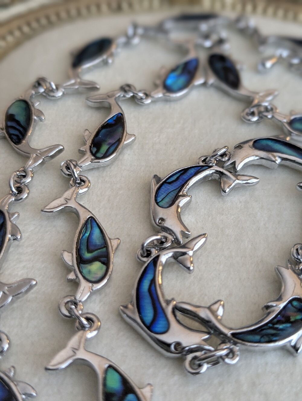 Abalone Shell Fish Necklace & Bracelet Set Silver Tone Nautical Coastal - Picture 4 of 6